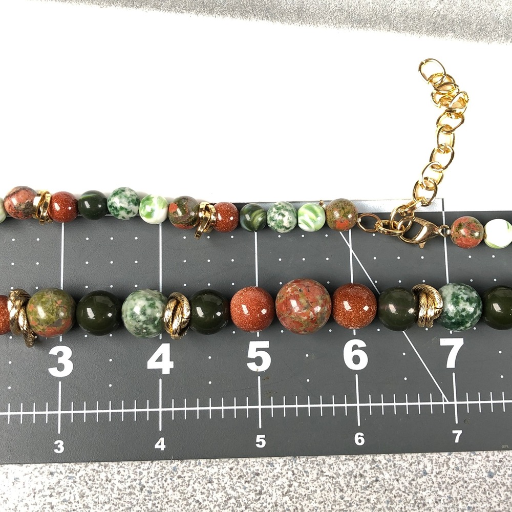 Natural Stone Beads Jewelry Set Unakite Green Jasper Goldstone Gold Tone Spacers - Picture 10 of 11
